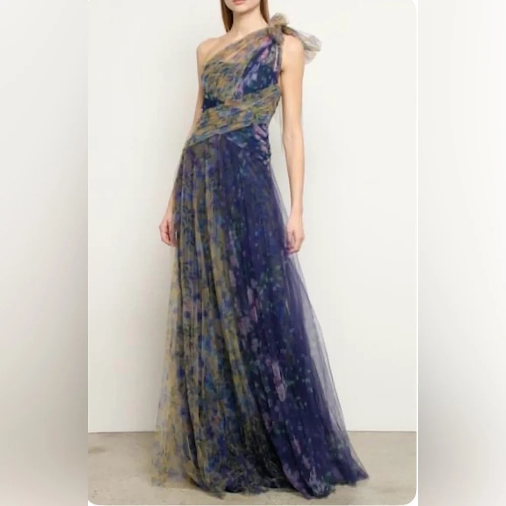NWT MARCHESA NOTTE One-Shoulder Bow-Detail Tulle Gown In Navy. Size 12